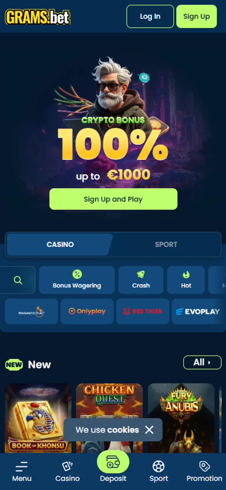 GramsBet mobile interface with crypto carousel, casino filters and bottom navigation