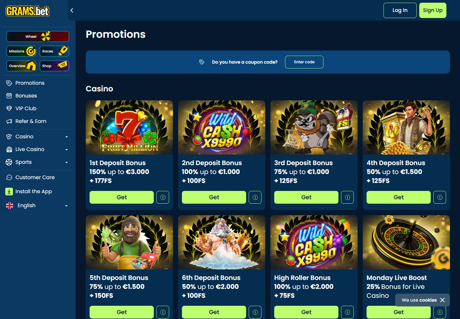 GramsBet Promotions page with sequential deposit bonus cards
