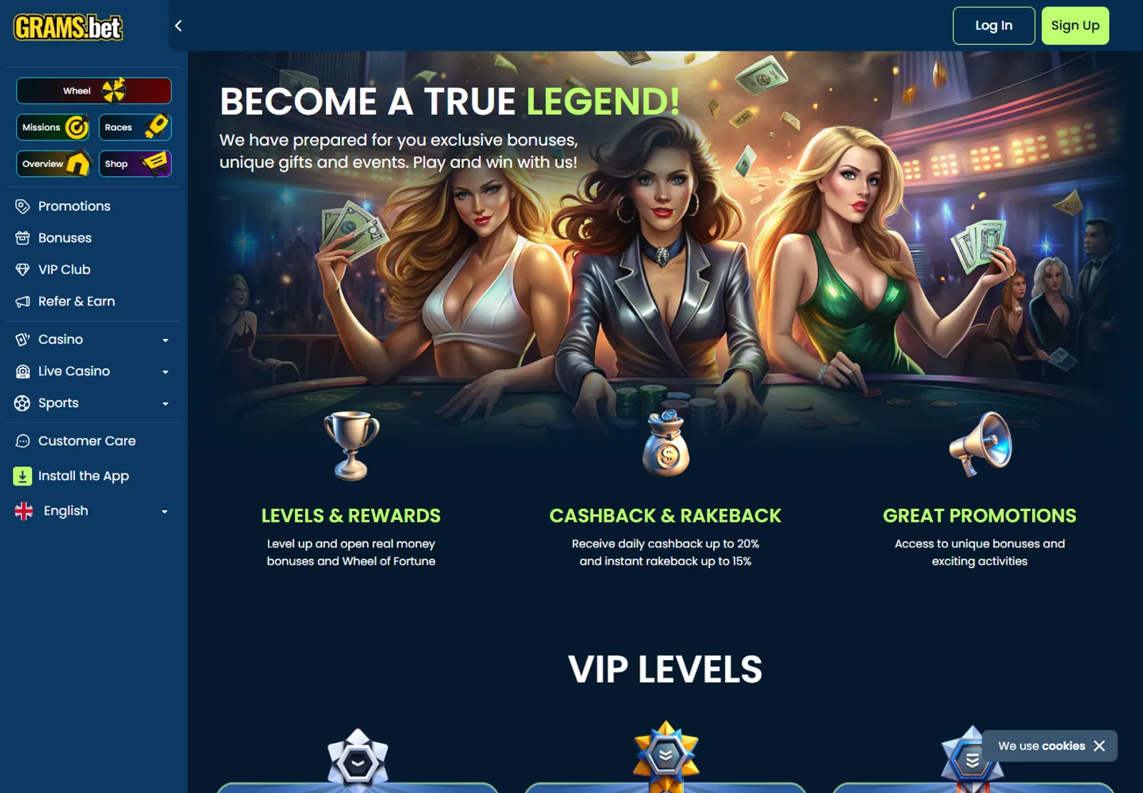 GramsBet VIP Club page with rewards, cashback and level presentation